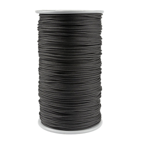Zwarte haspel met 300 meter zorgvuldig opgerold 2 mm Kevlar koord, gemaakt van duurzame aramide vezels met een polyester mantel, ideaal voor robuuste en betrouwbare toepassingen.