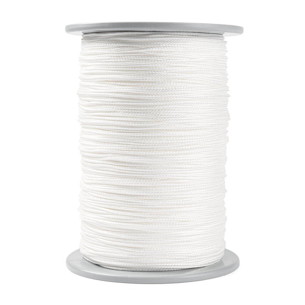 Rol wit 1,5 mm Dyneema touw zonder coating op grijze spoel, 300 kg breekkracht, voor windvaste screens. Per meter te bestellen.