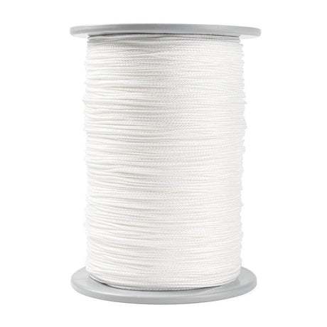 Rol wit 1,5 mm Dyneema touw zonder coating op grijze spoel, 300 kg breekkracht, voor windvaste screens. Per meter te bestellen.