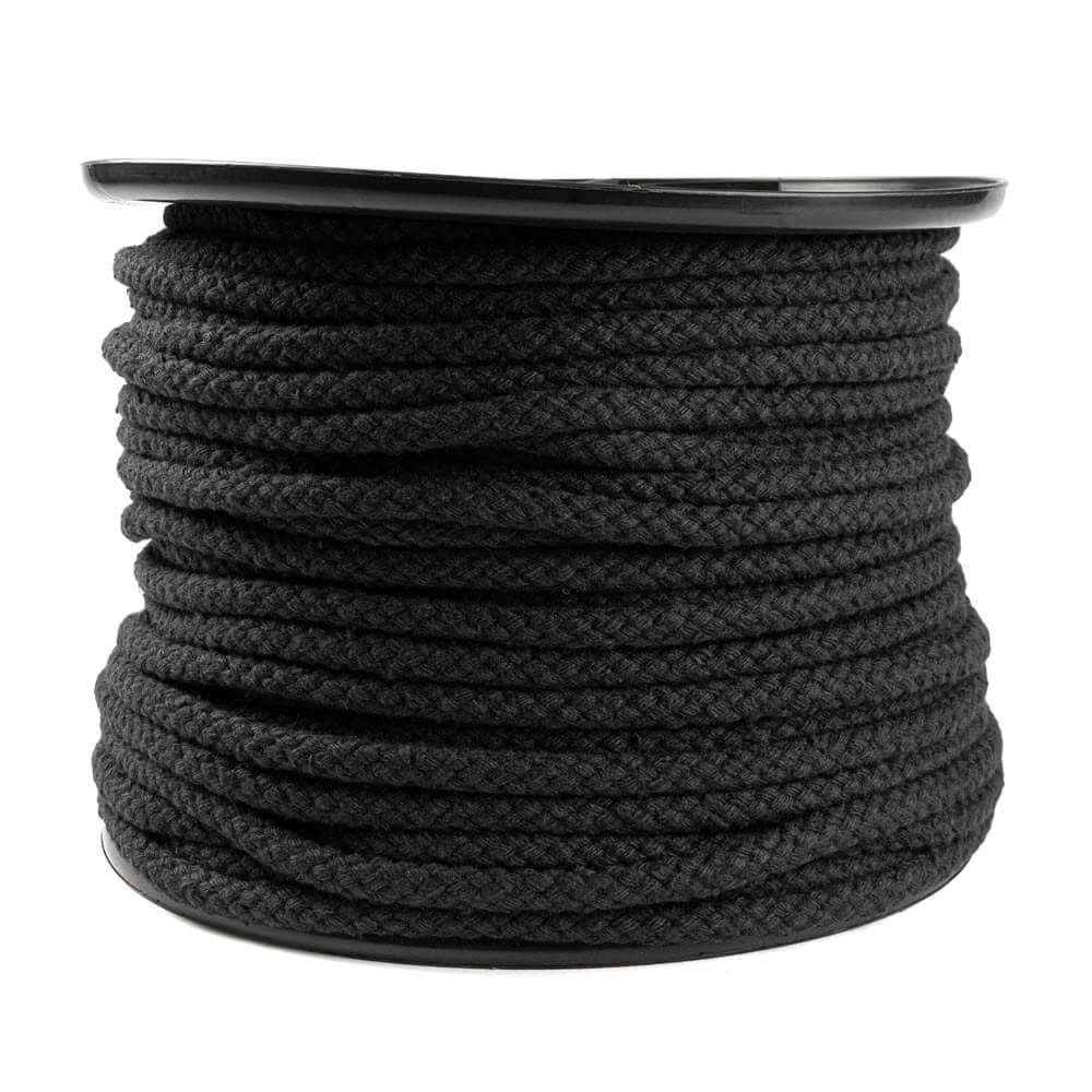 Haspel met zwart 8-kops gevlochten katoentouw, 6-10 mm dik, hol zonder kern.