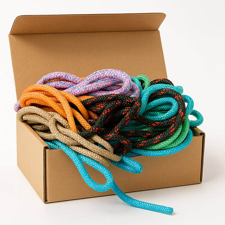 Open kartonnen doos gevuld met 10 hoogwaardige PPMF en polyester touwen in 10 verschillende kleuren en patronen, inclusief wit en zwart. Elk touw is 5 meter lang, met diktes van 4 mm tot 10 mm. Mix van hol touw en touw met kern, sommige unieke uitvoeringen niet los verkrijgbaar. Kleuren zoals roze, groen, blauw, oranje en beige, ideaal voor knutselen, outdoor activiteiten en decoratie.