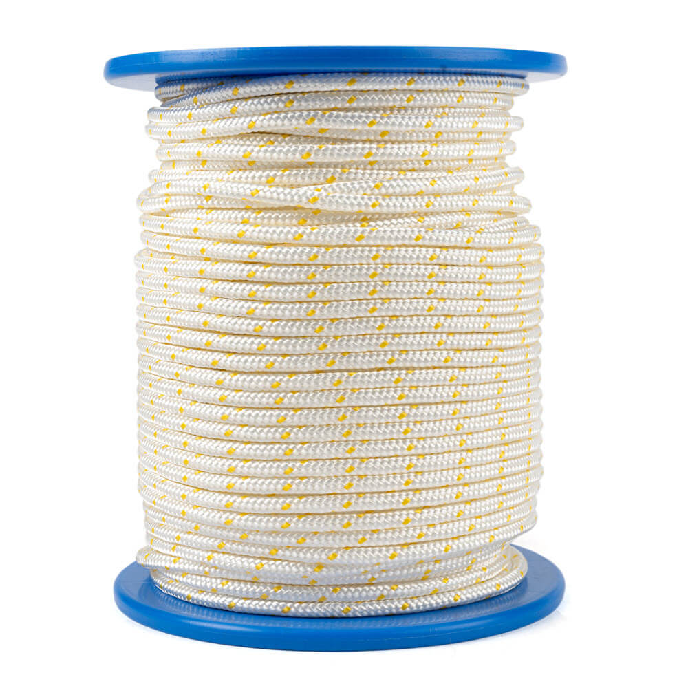 Een spoel Prorope startkoord van nylon, wit met gele stippen, opgerold op een blauwe spoel met zwarte rand, gezien vanaf de zijkant tegen een witte achtergrond.