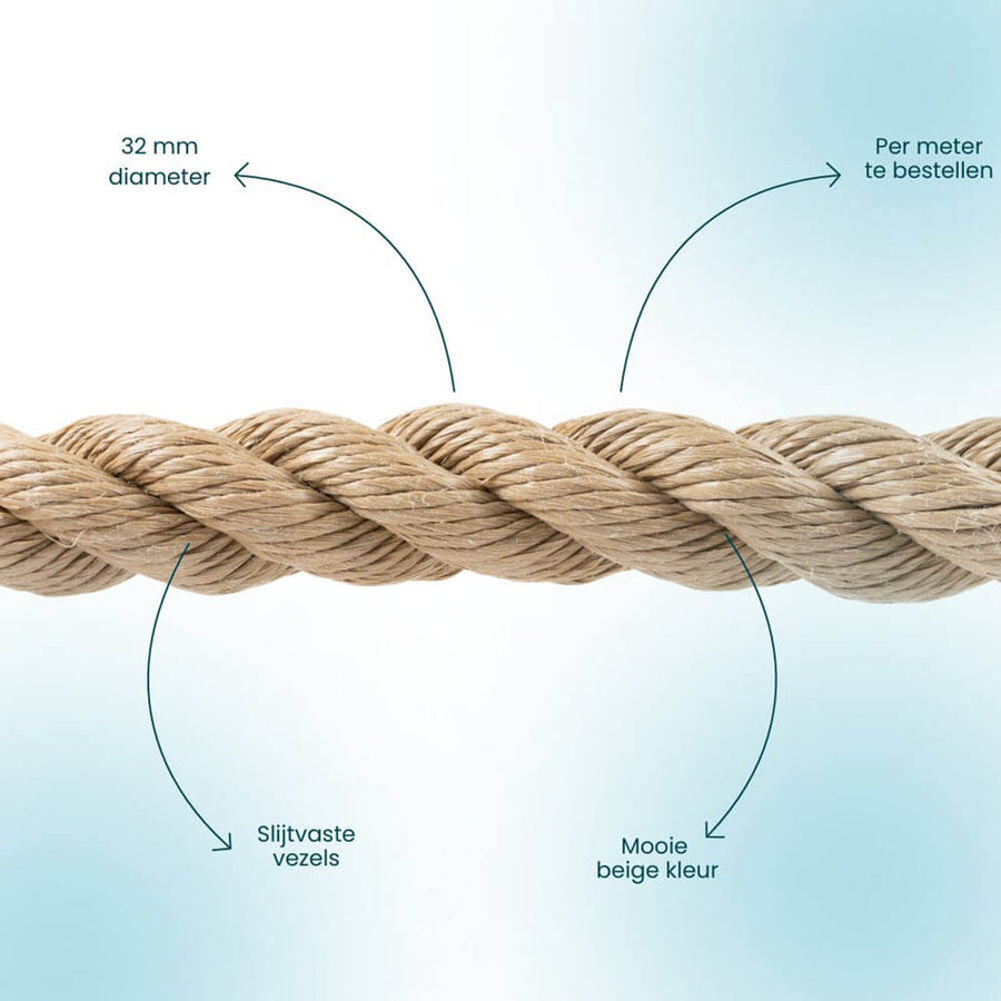 32 mm polypropyleen touw in manilla beige kleur, 3-strengs geslagen