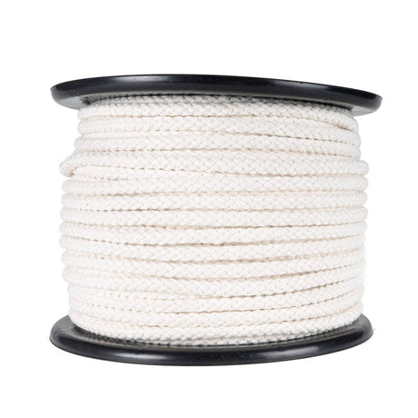 Haspel met 8-kops gevlochten katoentouw, 6-10 mm dik, hol zonder kern, in natuurlijke witte kleur. Perfect voor macramé, decoratie en knutselprojecten. Bestel per meter of 100m haspel.