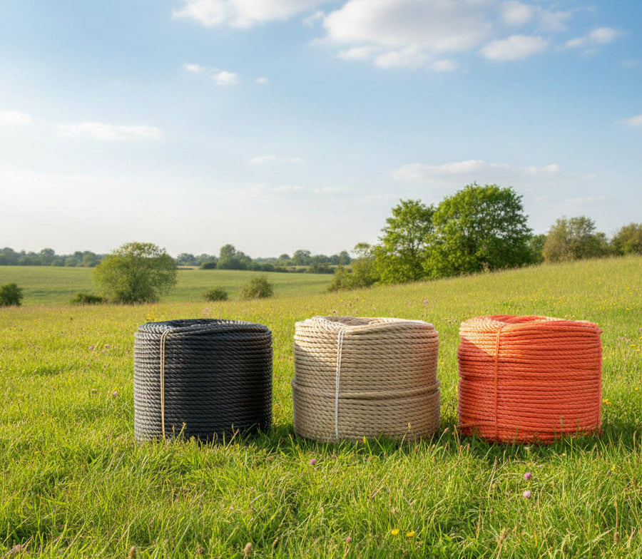 Trossen polypropyleen touw van 10 mm in zwart, beige en oranje in het gras