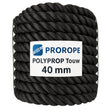 Zwart polyprop touw van 40 mm diameter, opgerold in een rol, met een label dat "PROROPE Polyprop Touw 40 mm" aangeeft.