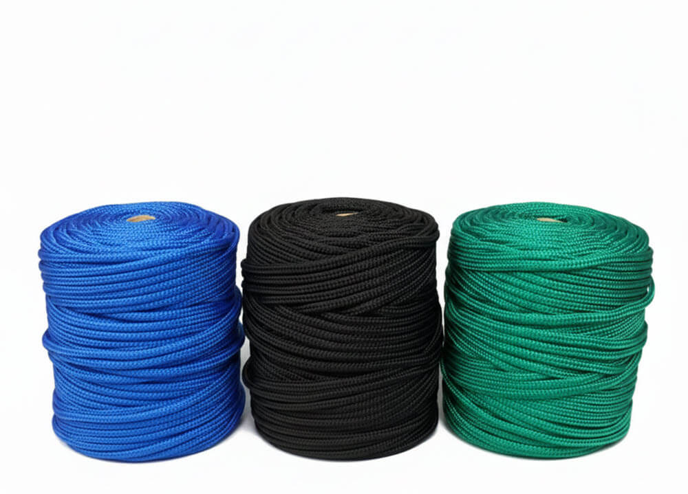 Polyprop gevlochten zonder kern in de kleur wit, groen, blauw en zwart.