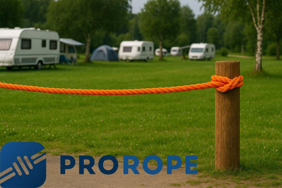 Oranje polypropyleen touw als afzetting tussen houten palen op een camping