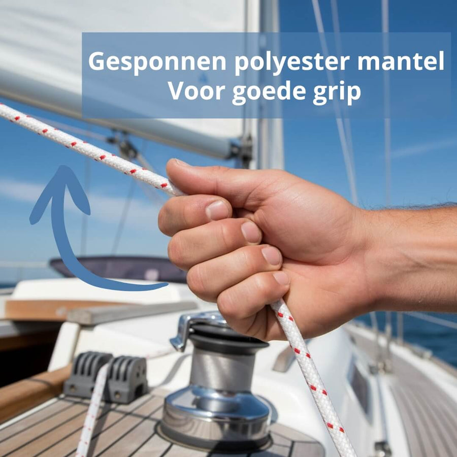 Hand die een witte schootlijn van gesponnen polyester vastpakt